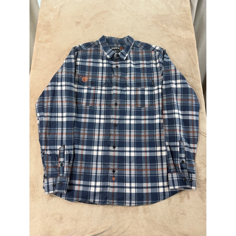 Hawx FR Work Shirt Mens Size Large Blue Plaid Flame Resistant EUC